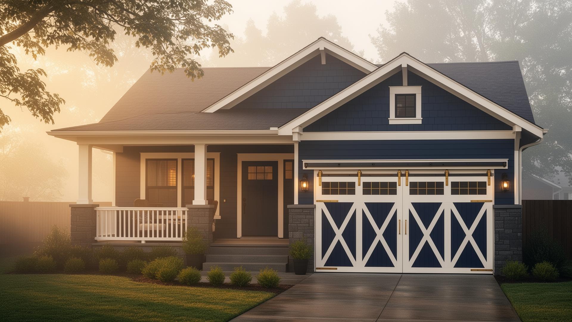 Beautiful craftsman home with farmhouse barn-style garage doors featuring X-pattern design
